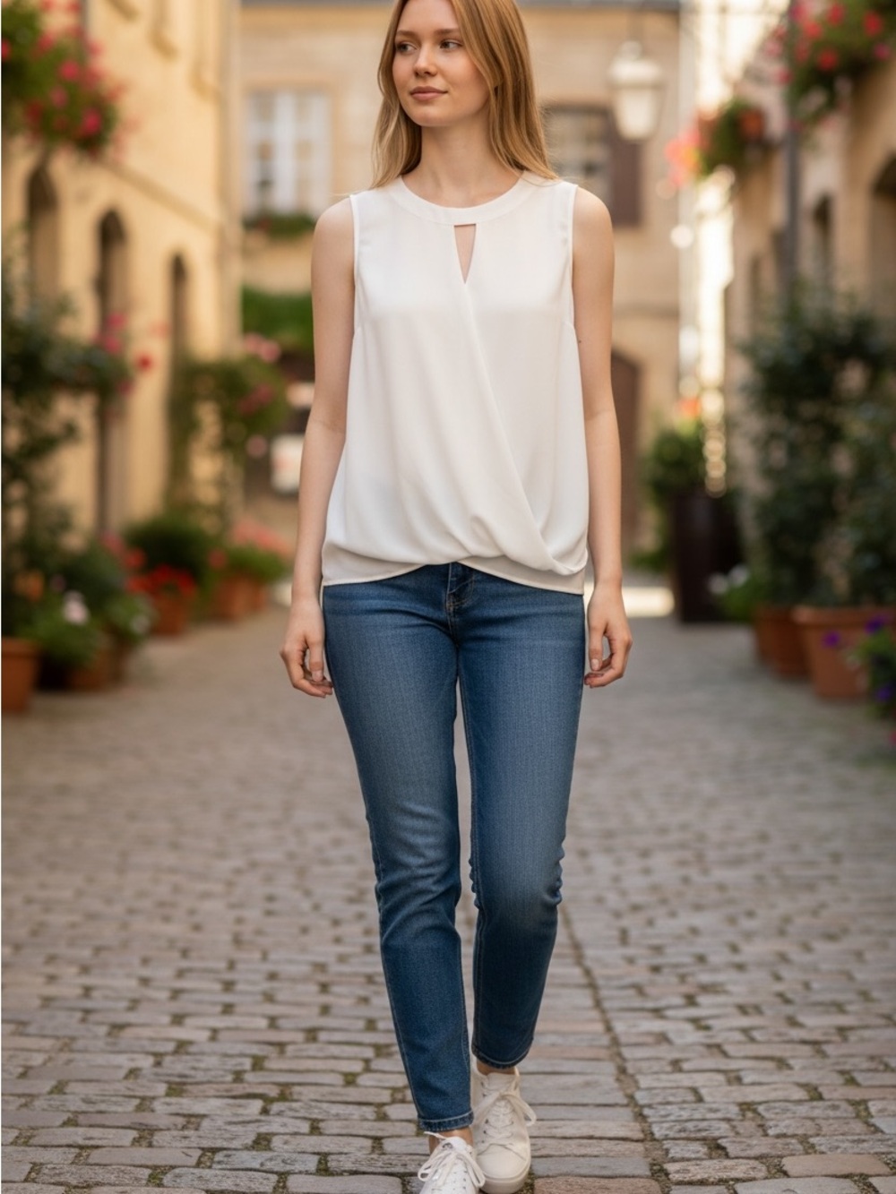 NEW: Designer Sleeveless White Draped Wrap-Front Top w/ Ribbon Tie Back Neck